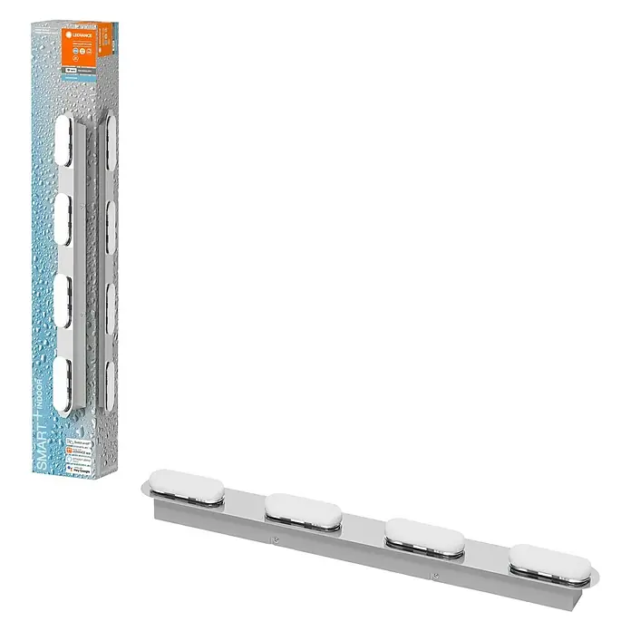 Ledvance LED-Wandstrahler - 27 W, L x B x H: 57,5 x 6 x 5,8 cm, Silber, Mehrfarbig, 4 Stk. - Das Bild zeigt ein LEDVANCE SMART+ INDOOR Lichtleiste im Paket und separat, das für moderne Innenraumbeleuchtung geeignet ist.