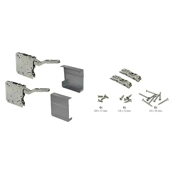 Elevador de puertas DTC ligero - Ajuste de altura: 25 cm - 40 cm, Gris - Juego de herrajes para armarios que consta de dos bisagras, placas de montaje y tornillos para fijar las puertas.