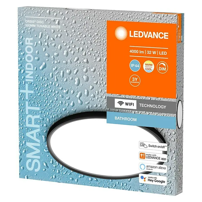 Ledvance LED-Wandleuchte rund - 32 W, Ø x H: 50 x 4,7 cm, Schwarz, Mehrfarbig - Abbildung der Verpackung einer LEDVANCE ORBIS® DISC 500MM TUNABLE WHITE Smart+ Indoor-Leuchte mit Produktinformationen.