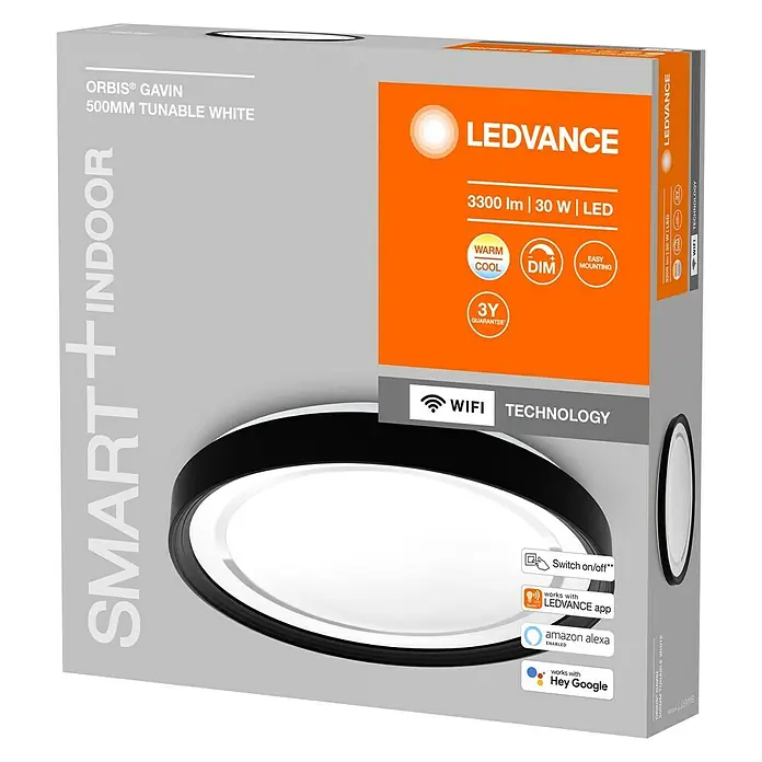 Ledvance Smart+ WiFi LED-Deckenleuchte rund Gavin - 30 W, Ø x H: 48,4 x 8,5 cm, Schwarz, Warmweiß - Nahaufnahme der Verpackung der LEDVANCE Orbis Gavin Smart+ Indoor Leuchte mit 500mm Durchmesser und tunable white Funktion.