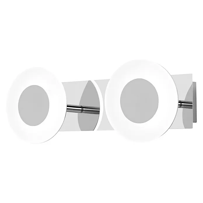 Ledvance LED-Wandstrahler - 15 W, L x B x H: 32 x 12 x 9,3 cm, Silber, Mehrfarbig, 2 Stk. - Nahaufnahme einer modernen Chrom-Wandleuchte mit kreisförmigen Lampenschirmen, die ein helles, indirektes Licht ausstrahlen.