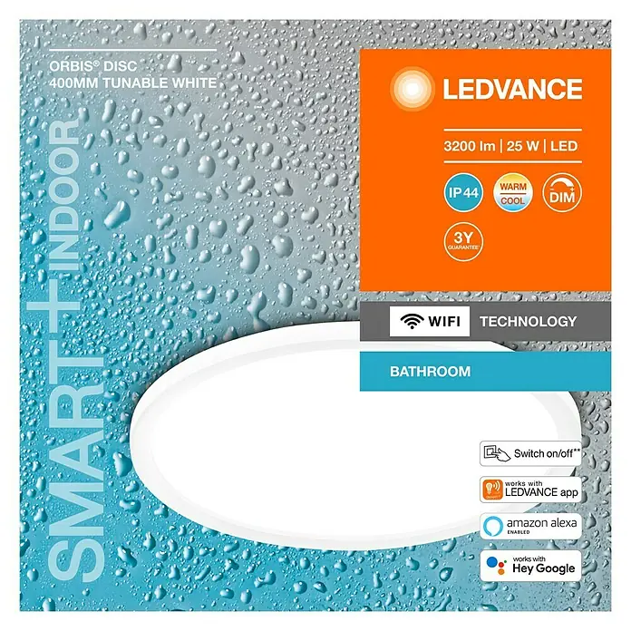 Ledvance Smart+ LED-Deckenleuchte rund - 25 W, Ø x H: 40 x 4,7 cm, Weiß, Mehrfarbig - Produktbild einer LEDVANCE ORBIS® DISC 400MM Tunable White Leuchte mit Produktdetails und Smart Indoor Funktionen.