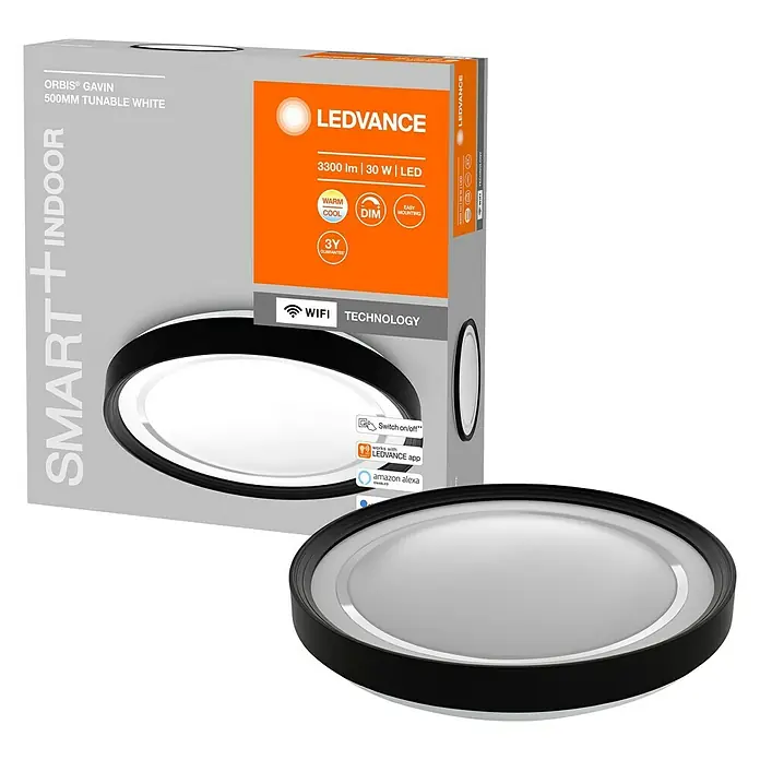 Ledvance Smart+ WiFi LED-Deckenleuchte rund Gavin - 30 W, Ø x H: 48,4 x 8,5 cm, Schwarz, Warmweiß - LEDVANCE ORBIS® GAVIN 500MM Tunable White Smart+ Indoor Deckenleuchte mit WiFi-Technologie, ideal für modernes Wohnraumdesign.
