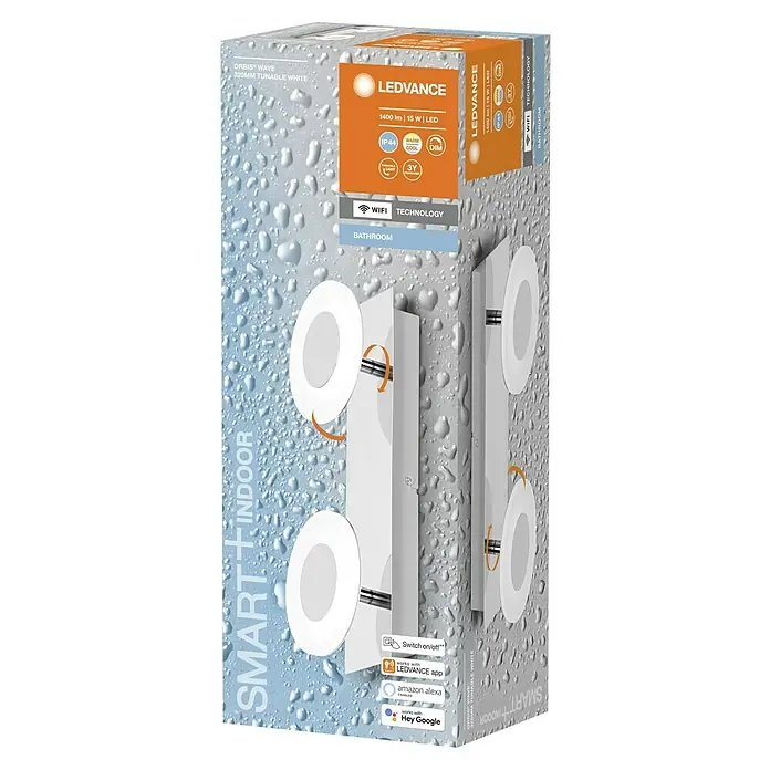 Ledvance LED-Wandstrahler - 15 W, L x B x H: 32 x 12 x 9,3 cm, Silber, Mehrfarbig, 2 Stk. - Produktverpackung für LEDVANCE ORBIS® WAVE, 320 mm tunable white, smarte Innenraumleuchte mit WiFi Technologie und Bad-Eignung.