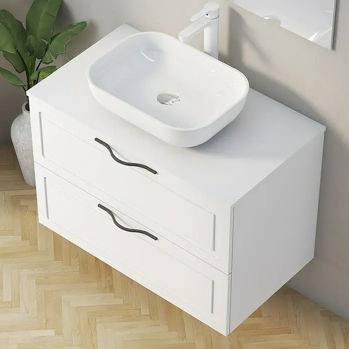 Artysan Mueble bajo de lavabo Toja - An x Pr x Al: 80 x 45 x 54,5 cm, Blanco - Mueble de baño blanco moderno con dos cajones y un elegante lavabo sobre encimera, ideal para un baño contemporáneo.