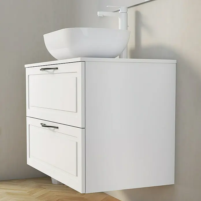 Artysan Mueble bajo de lavabo Toja - An x Pr x Al: 80 x 45 x 54,5 cm, Blanco - Un mueble de baño blanco con dos cajones y un lavabo moderno. El lavabo es cuadrado y el grifo es blanco.