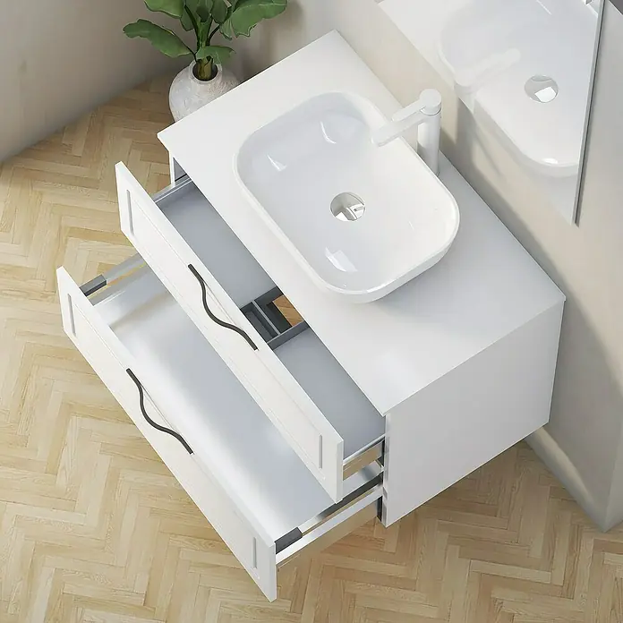 Artysan Mueble bajo de lavabo Toja - An x Pr x Al: 80 x 45 x 54,5 cm, Blanco - Un moderno mueble de baño blanco con dos cajones abiertos y un elegante lavabo sobre encimera.