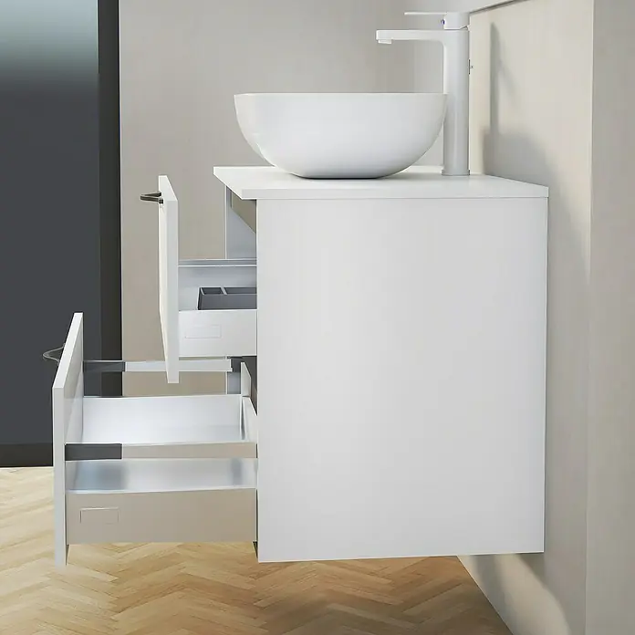Artysan Mueble bajo de lavabo Toja - An x Pr x Al: 80 x 45 x 54,5 cm, Blanco - Baño moderno con mueble de lavabo blanco con cajones abiertos y lavabo sobre encimera para una estética elegante.