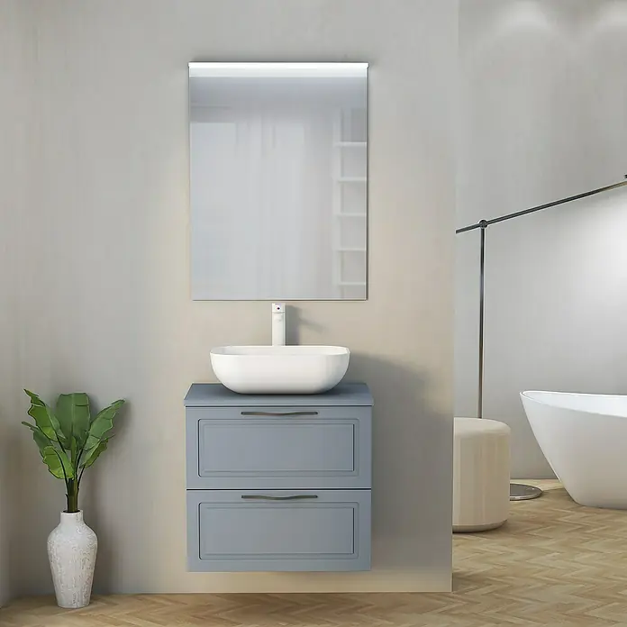 Artysan Mueble bajo de lavabo Toja - An x Pr x Al: 60 x 45 x 54,5 cm, Azul - Cuarto de baño moderno con mueble de lavabo gris, lavabo sobre encimera y espejo iluminado para un toque de elegancia.