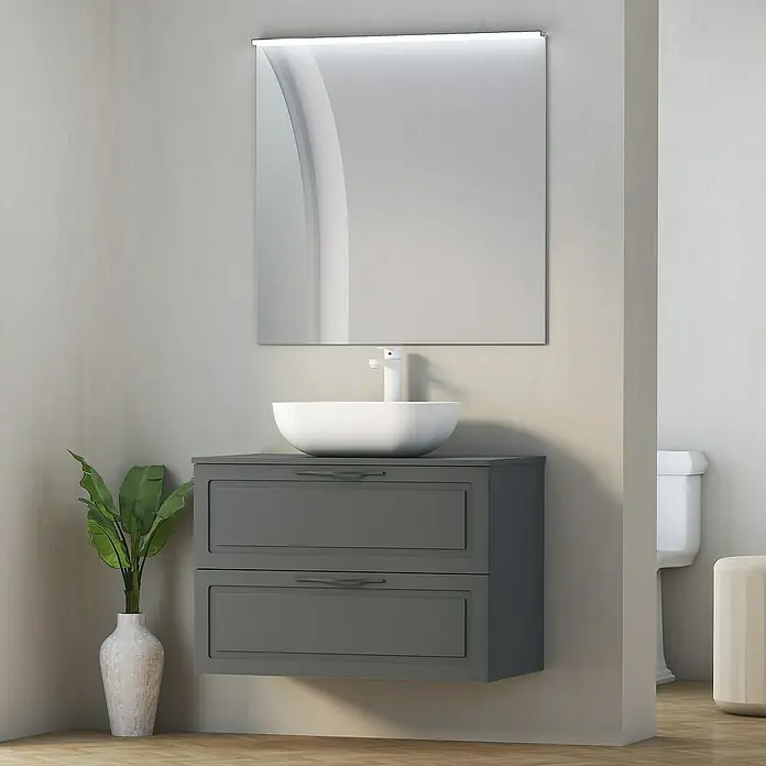 Artysan Mueble bajo de lavabo Toja - An x Pr x Al: 80 x 45 x 54,5 cm, Antracita - Moderno mueble de baño con gabinete gris, lavabo sobre encimera blanco y espejo iluminado.