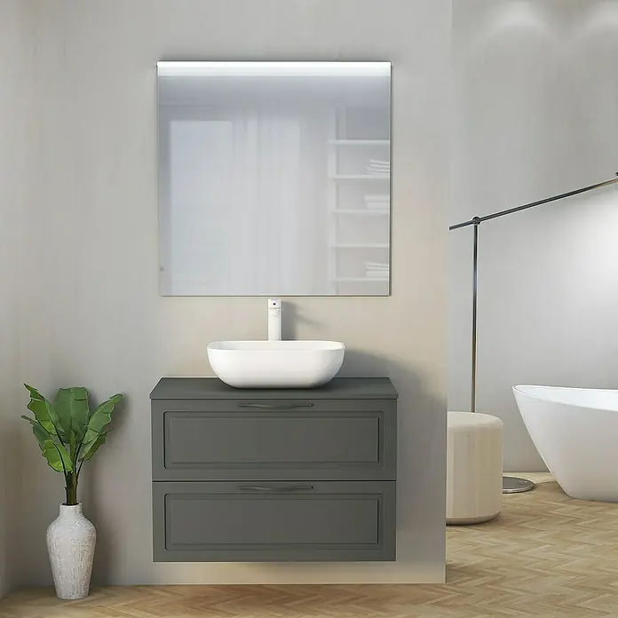 Artysan Mueble bajo de lavabo Toja - An x Pr x Al: 80 x 45 x 54,5 cm, Antracita - Mueble de lavabo gris con lavabo sobre encimera blanco y espejo iluminado para un baño moderno.