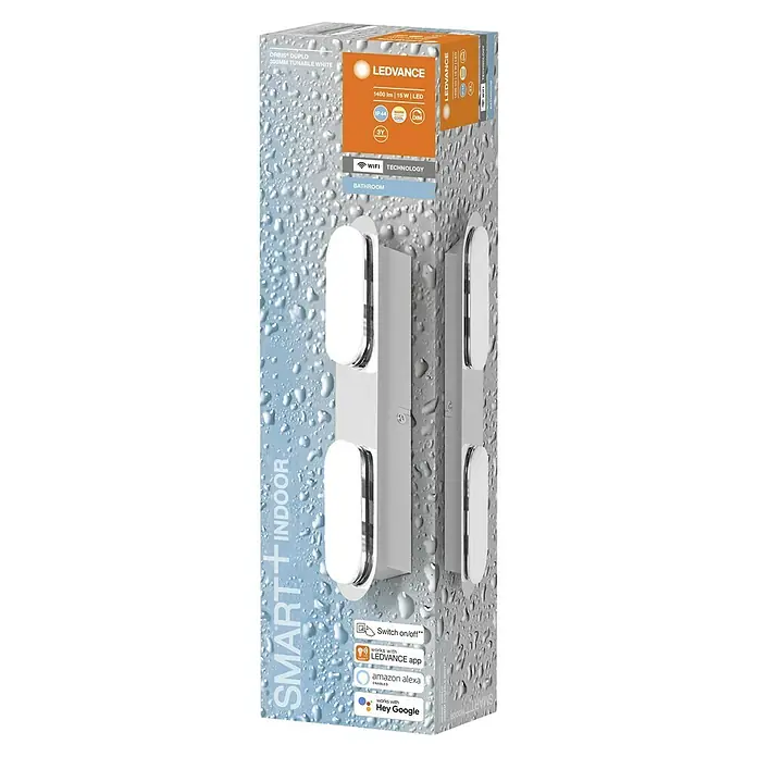 Ledvance LED-Wandstrahler - 15 W, L x B x H: 29,5 x 6 x 5,8 cm, Silber, Mehrfarbig, 2 Stk. - Produktverpackung der LEDVANCE SMART+ INDOOR ORBIS® DUPLO 300MM, eine smarte, dimmbare LED-Leuchte für Badezimmer mit WiFi-Technologie.