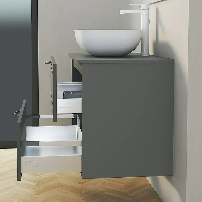 Artysan Mueble bajo de lavabo Toja - An x Pr x Al: 80 x 45 x 54,5 cm, Antracita - Imagen de un moderno mueble de baño gris con sistema de cajones abiertos y un elegante lavabo sobre encimera redondo para un baño con estilo.