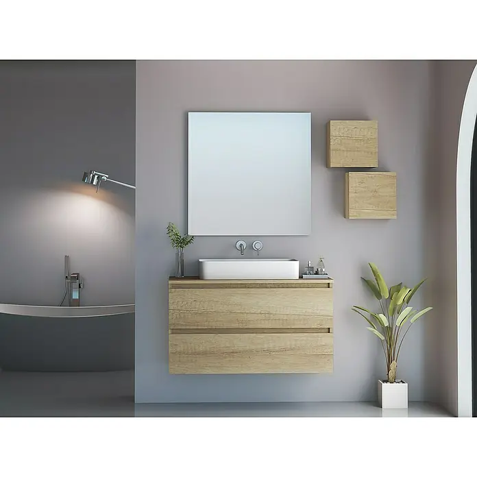 Artysan Armario colgante de baño Cubo - L x An x Al: 16,6 x 30 x 30 cm, Nature - Elegante interior de baño con un elegante tocador de madera clara, un espejo cuadrado y cubos de madera decorativos en la pared.