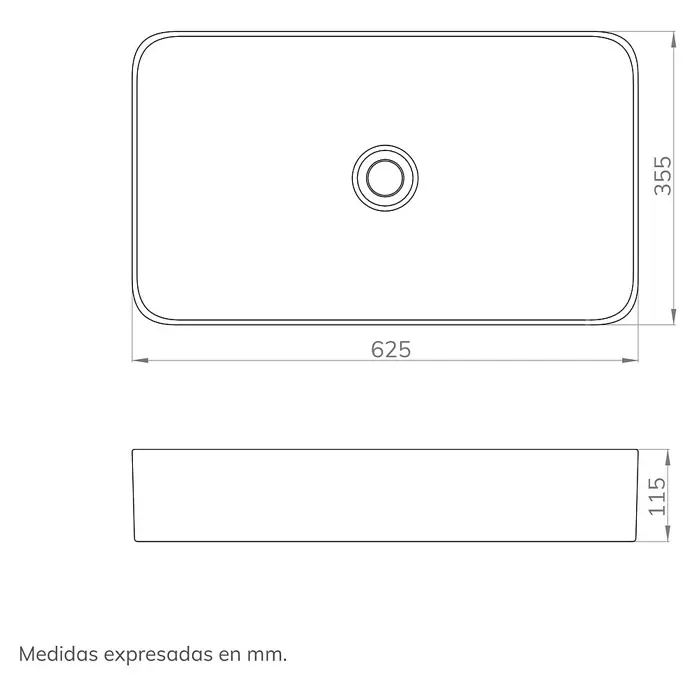 Artysan Lavabo de sobremesa cerámico - 62,5 x 35,5 cm, Blanco - Dibujo técnico del lavabo con dimensiones 625 x 355 x 115 mm para fines de instalación.