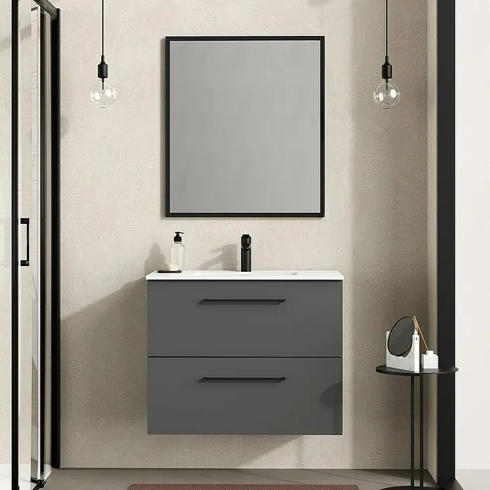 Artysan Espejo Arosa - 70 x 80 cm, Negro - Un mueble de baño gris con dos cajones, una encimera blanca y un grifo negro debajo de un espejo cuadrado.