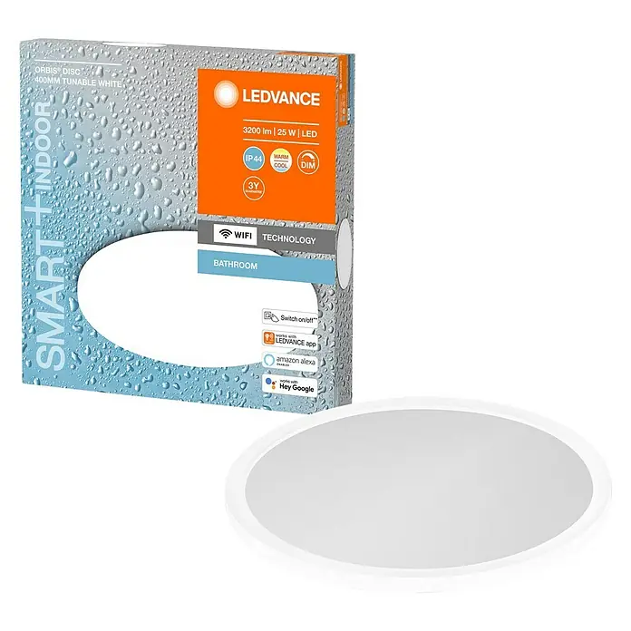 Ledvance Smart+ LED-Deckenleuchte rund25 W, Ø x H: 40 x 4,7 cm, Weiß, Mehrfarbig - Abbildung einer LEDVANCE Smart+ Indoor Orbis Disc Deckenleuchte, die sich durch WLAN-Technologie und smarte Steuerung auszeichnet.