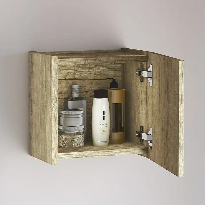 Artysan Armario colgante de baño Cubo - L x An x Al: 16,6 x 30 x 30 cm, Nature - Un armario de madera abierto con varios productos para el cuidado en el interior, como cremas y lociones, destinados al cuidado corporal.