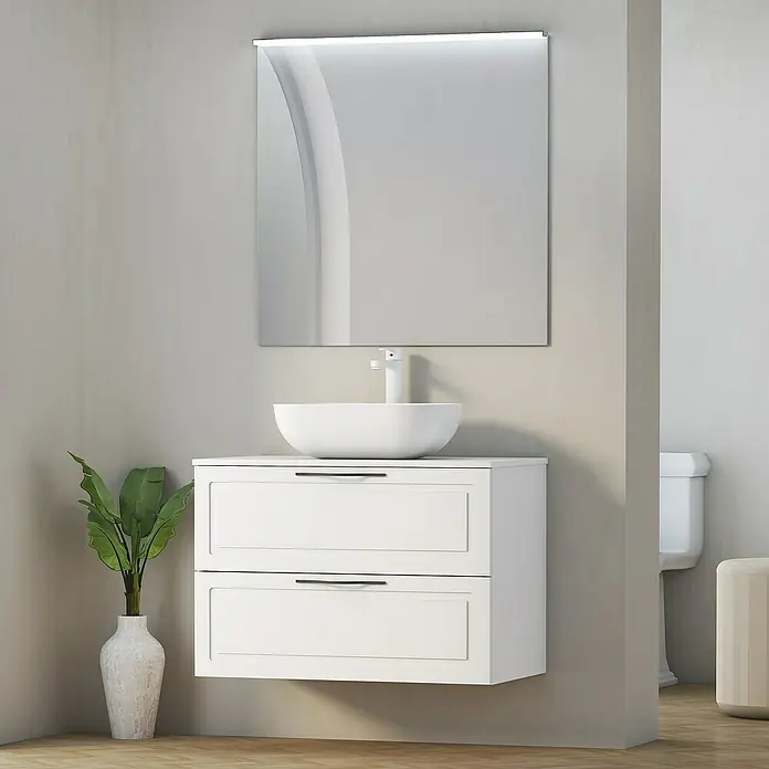 Artysan Mueble bajo de lavabo Toja - An x Pr x Al: 80 x 45 x 54,5 cm, Blanco - Elegante interior de baño con un moderno mueble de lavabo blanco, un lavabo sobre encimera y un espejo rectangular con iluminación integrada.