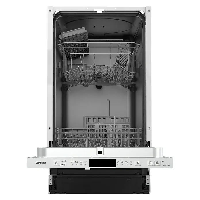Corberó Lavavajillas integrable CLVM4622I - Ancho: 44,8 cm, Número de cubiertos: 9 ud., Completamente integrado, Consumo de agua por uso: 9 l - Lavavajillas Corberó abierto con dos bandejas y panel de control en la parte inferior.