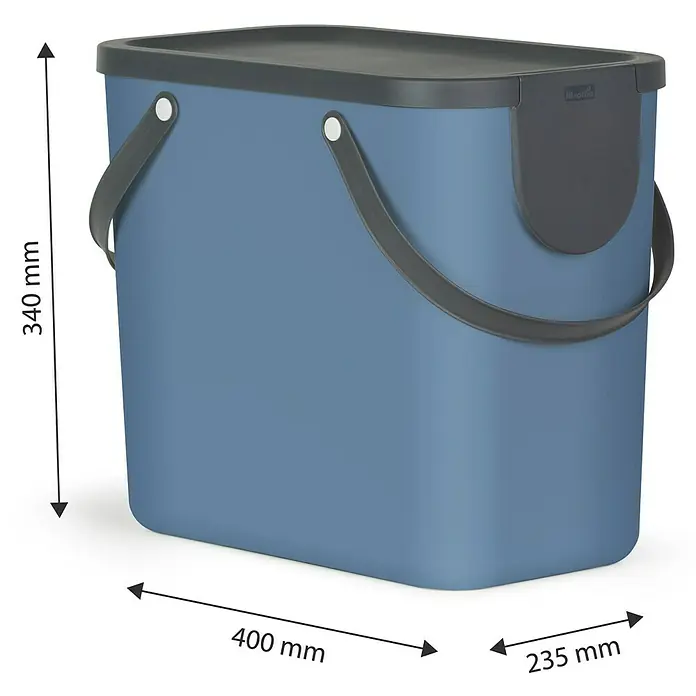 Rotho Albula Mülltrennsystem - 25 l, Kunststoff, Horizont Blau - Abbildung eines blauen Küchenabfalleimers mit grauen Details und Maßangaben, der eine praktische und stilvolle Lösung für die Küchenabfallentsorgung bietet.