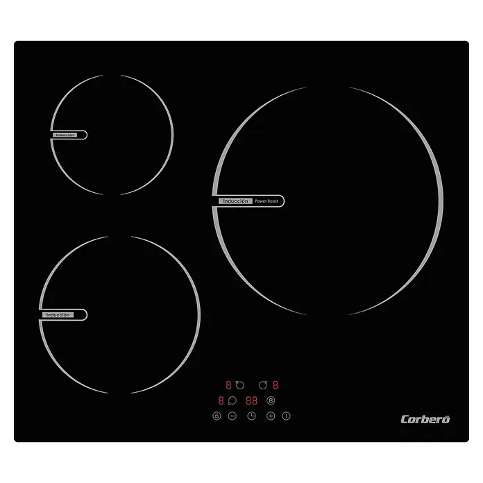 Corberó Placa de cocción CCIBR7203 - Número de fogones de inducción: 3 ud. - Primer plano de una placa de inducción Corberó negra con tres zonas de cocción y controles digitales para una regulación precisa de la temperatura.