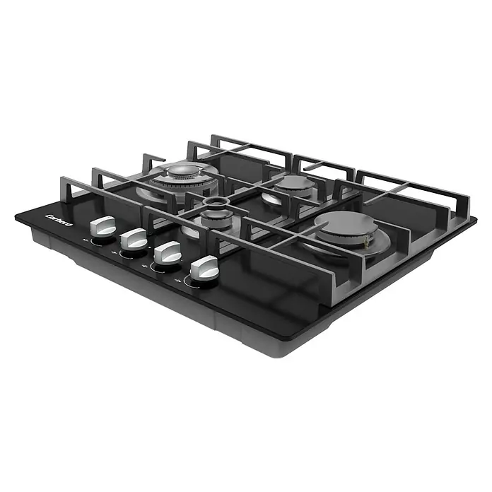 Corberó Placa de cocción de cristal CPCGM4F4121N - L x An: 52 x 60 cm, Número de quemadores de gas: 4 ud. - Aquí vemos una moderna placa de gas con cuatro quemadores, un diseño elegante y controles montados en la parte frontal.