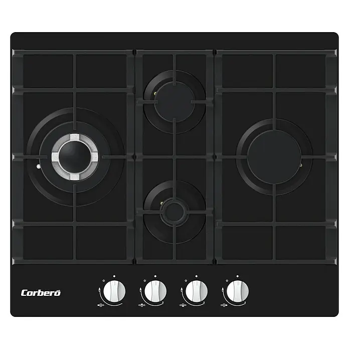 Corberó Placa de cocción de cristal CPCGM4F4121N - L x An: 52 x 60 cm, Número de quemadores de gas: 4 ud. - Imagen de una placa de gas negra Corberó con cuatro quemadores y mandos de control.