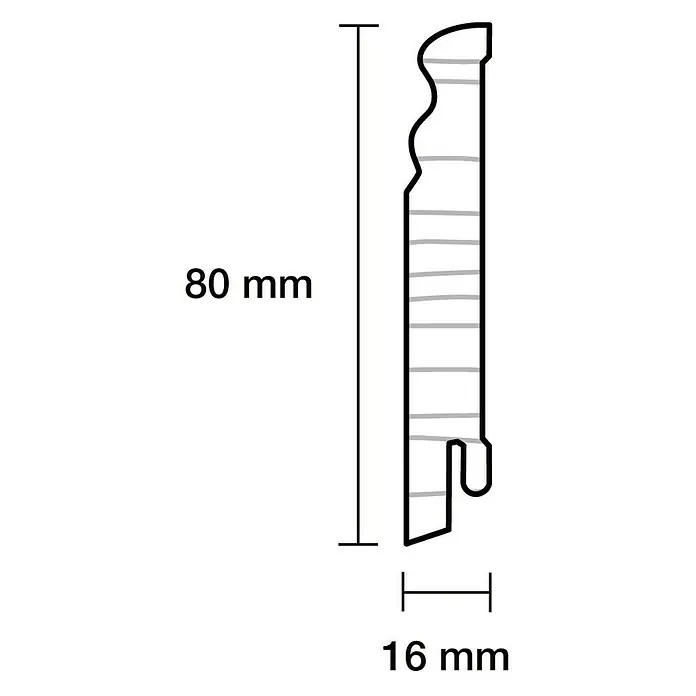 Sockelleiste - 240 cm x 16 mm x 80 mm, Fichte, Anthrazit, Lackiert - Technische Zeichnung eines Zierprofils mit Maßangaben von 80 mm Höhe und 16 mm Breite.