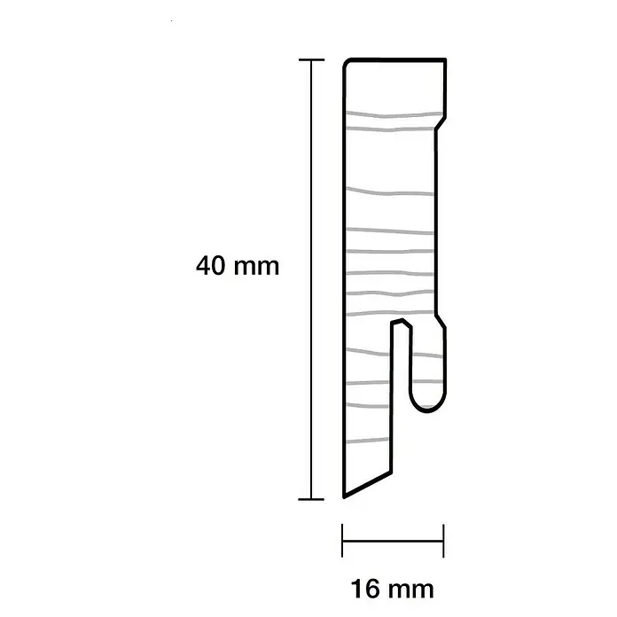 Sockelleiste - 240 cm x 16 mm x 40 mm, Fichte, Lackiert - Abbildung eines 40 mm langen und 16 mm breiten Kunststoffprofils mit Haken zur Befestigung. Ideal für Regalsysteme und zur Wandmontage.