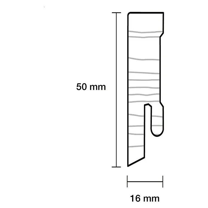 Sockelleiste - 240 cm x 16 mm x 50 mm, Fichte, Lackiert - Produktbild einer 50 mm langen und 16 mm breiten Profilleiste mit Nut für diverse Anwendungen.