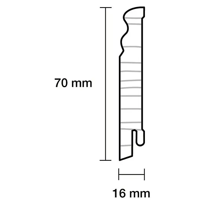 Sockelleiste - 240 cm x 16 mm x 70 mm, Fichte, Weiß - Abbildung eines 70 mm hohen und 16 mm breiten Profils.