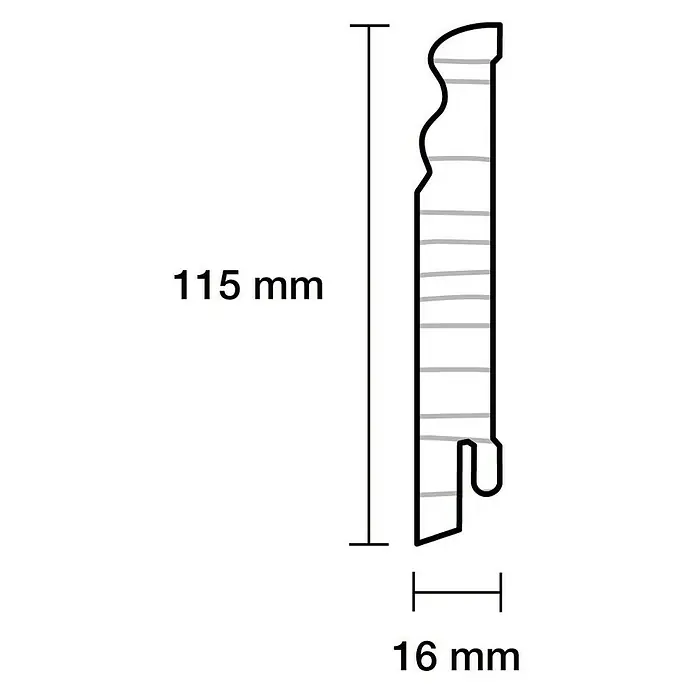 Sockelleiste - 240 cm x 16 mm x 115 mm, Fichte, Weiß - Profilansicht einer Holzfußleiste mit den Maßen 115 mm Höhe und 16 mm Tiefe, die die dekorative Form und Abmessungen hervorhebt.