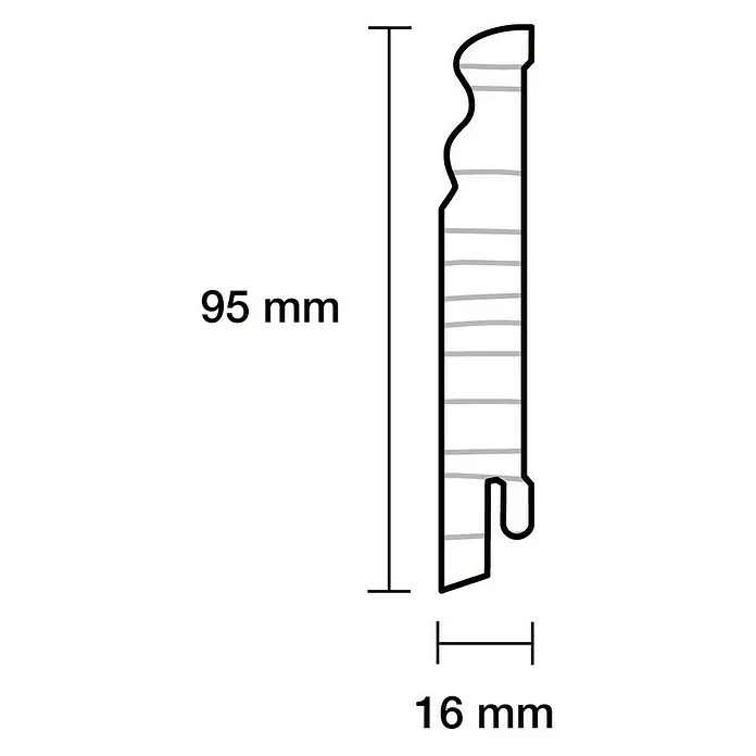 Sockelleiste - 240 cm x 16 mm x 95 mm, Fichte, Weiß - Produktabbildung eines 95 mm x 16 mm grossen Profils. Es zeigt die Dimensionen und das Design des Profils für verschiedene Anwendungen.