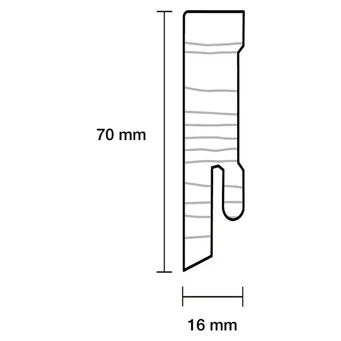 Sockelleiste - 240 cm x 16 mm x 70 mm, Fichte, Lackiert - Schematische Darstellung eines 70 mm langen und 16 mm breiten Holzverbinders mit feinen grauen Linien, die die Holzmaserung andeuten.