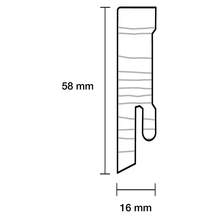 Sockelleiste - 240 cm x 16 mm x 58 mm, Fichte, Lackiert - Skizze eines Kleiderbügelclips mit den Maßen 58 mm Länge und 16 mm Breite, dargestellt in Schwarz-Weiß.