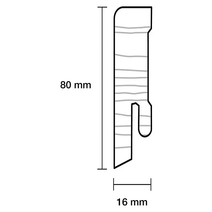 Sockelleiste - 240 x 1,6 x 8 cm, Eiche Matt - Schematische Darstellung eines Befestigungsclips mit den Maßen 80 mm Höhe und 16 mm Breite, ideal für leichte Anwendungen.
