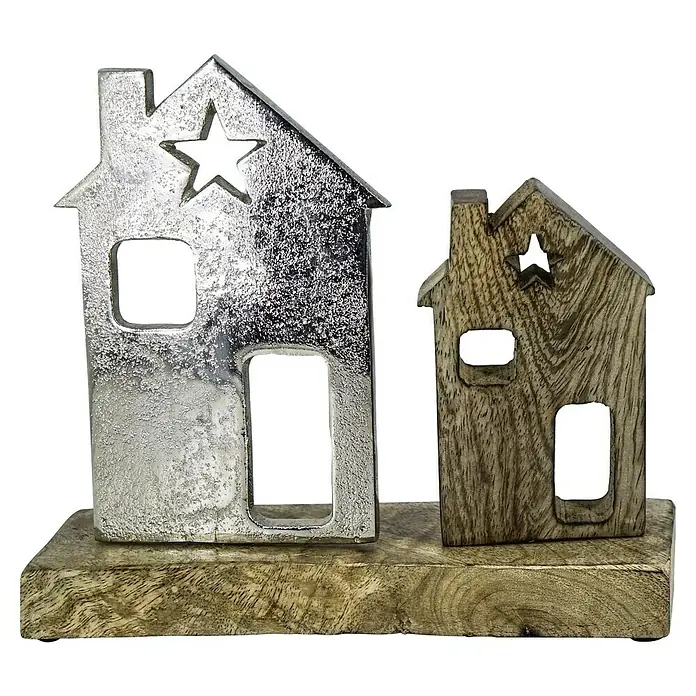 Dekofigur Haus - B x T x H: 19 x 6 x 23 cm, Natur/Silber, Holz - Dekorative Häuser auf einem Holzsockel, ideal als festliche Tischdekoration oder Fensterdekoration.