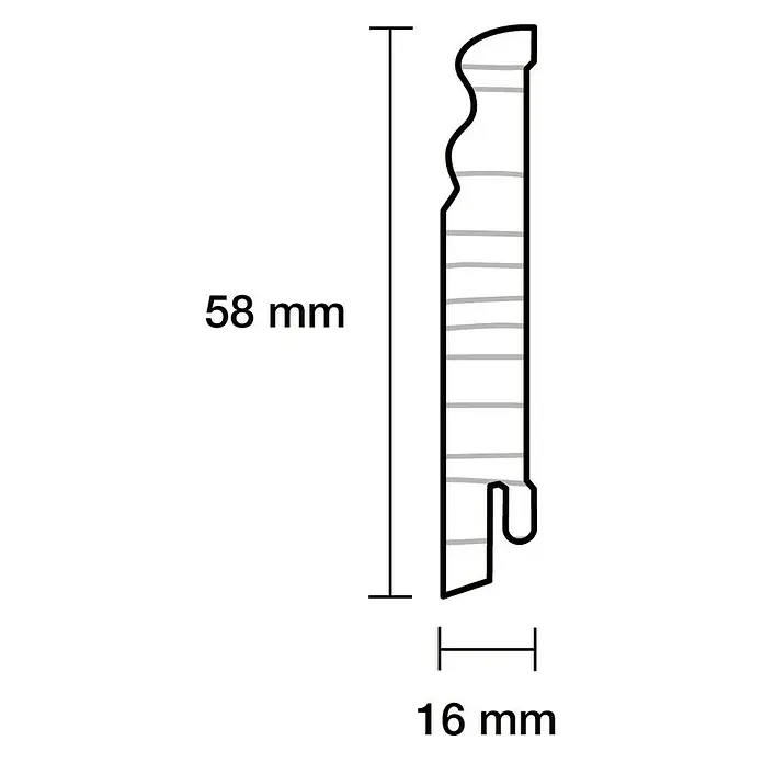 Sockelleiste - 240 cm x 16 mm x 58 mm, Fichte, Weiß - Abbildung eines 58 mm hohen und 16 mm breiten Profils für Holzverkleidungen, ideal für Innenausbau und Möbelherstellung.