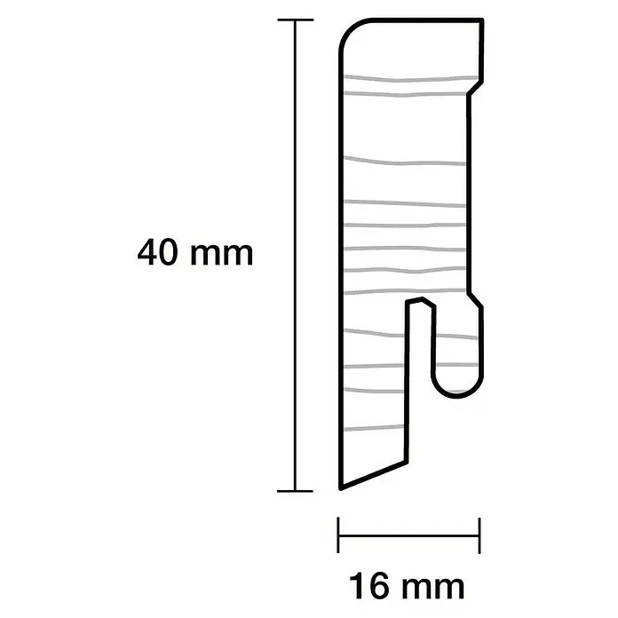 Sockelleiste - 240 cm x 16 mm x 40 mm, Fichte, Lackiert, Anthrazit - Abbildung eines Produkts mit den Maßen 40 mm Höhe und 16 mm Breite, detaillierte Zeichnung für Produktbeschreibung.