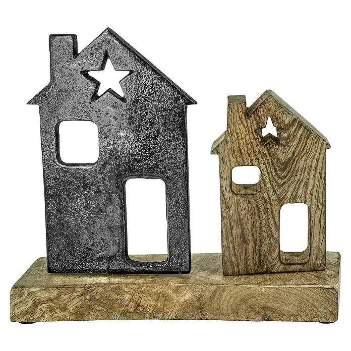 Dekofigur Haus - B x T x H: 19 x 6 x 23 cm, Natur/Schwarz, Holz - Dekorative Häuser aus Holz und Metall mit Sternen auf einem Holzsockel. Eine stimmungsvolle Dekoration für Ihr Zuhause.