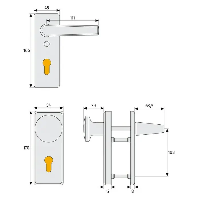 Abus Schutzbeschlag KKT512 - Feuerschutztür, Aluminium, Drücker beidseitig, Stärke Tür: 37 mm - 47 mm - Technische Zeichnung eines Türdrückers mit Maßangaben für Design und Installation.