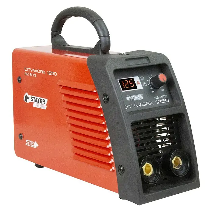 Stayer Citywork Equipo de soldadura de electrodos 1250 GEK - Corriente de soldadura: 125 A - Imagen de una soldadora STAYER CITYWORK 1250, un dispositivo compacto y portátil para trabajos de soldadura.