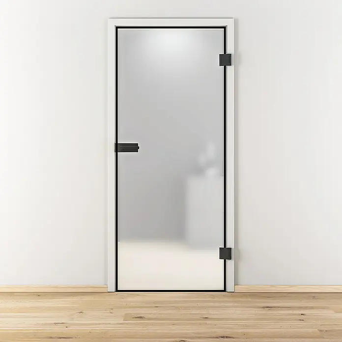 Diamond Doors Black Edition Glasdrehtür Edge - 834 x 1.972 mm, DIN Rechts, Milchglas - Eine moderne, satinierte Glastür mit schwarzen Beschlägen und einem minimalistischen Design, ideal für ein stilvolles Interieur.