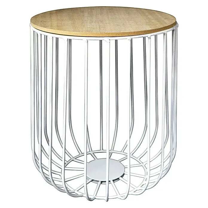 Beistelltisch Metalldraht - Ø x H: 36 x 41 cm, Weiß/Natur - Moderner Beistelltisch mit Holzplatte und weißem Metallgestell im angesagten Industrial-Stil für Wohnzimmer oder Schlafzimmer.