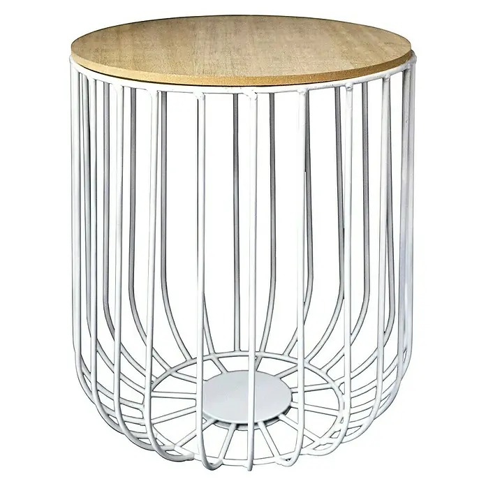 Beistelltisch Metalldraht - Ø x H: 30 x 38 cm, Weiß/Natur - Dieser Beistelltisch besticht durch seine moderne Optik mit einem Holzdeckel und einem weißen Metallgestell.