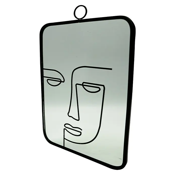 Wandspiegel Face - 36,5 x 1 cm, Schwarz, Rechteckig - Dieses rechteckige Wandspiegel-Dekorstück im minimalistischen Stil zeigt ein Gesicht mit einem schwarzen Rahmen und einer Aufhängung.