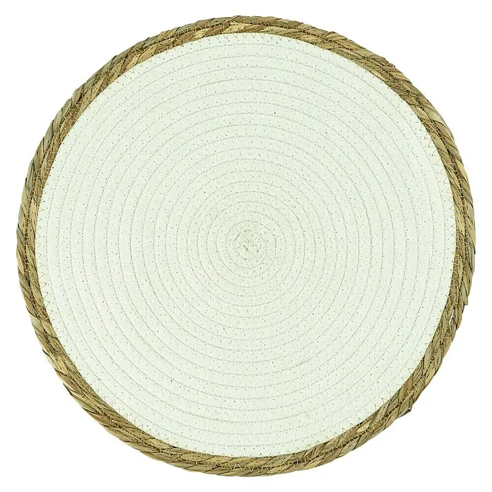 Tisch-Set Seegras - Weiß/Natur, Durchmesser: 38 cm - Ein runder, gewebter Tischset mit einem hellen Zentrum und einem dekorativen Rand aus natürlichem Material für den Esstisch.