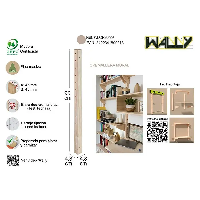 Astigarraga Wally Riel de fijación - L x An x Al: 96 x 4,5 x 4,5 cm, Madera maciza de pino - Imagen del producto de una tira de pared de madera de 96 cm, ideal para el montaje flexible de estanterías en la pared.