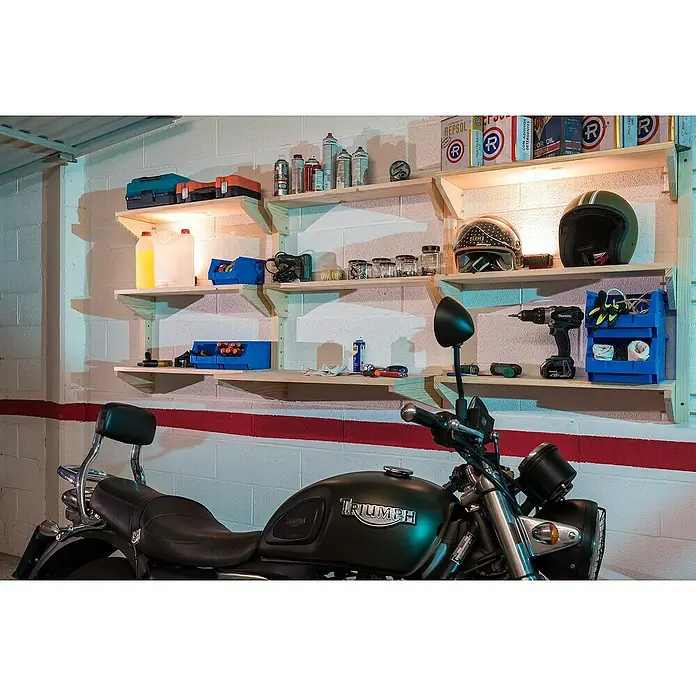Astigarraga Wally Estante de madera - L x An x Al: 17 x 80 x 14,2 cm, Natural, Madera maciza de pino, Carga límite balda: 100 kg - Una Triumph Bonneville T120 delante de una pared de taller con estanterías y herramientas. La moto está en primer plano.